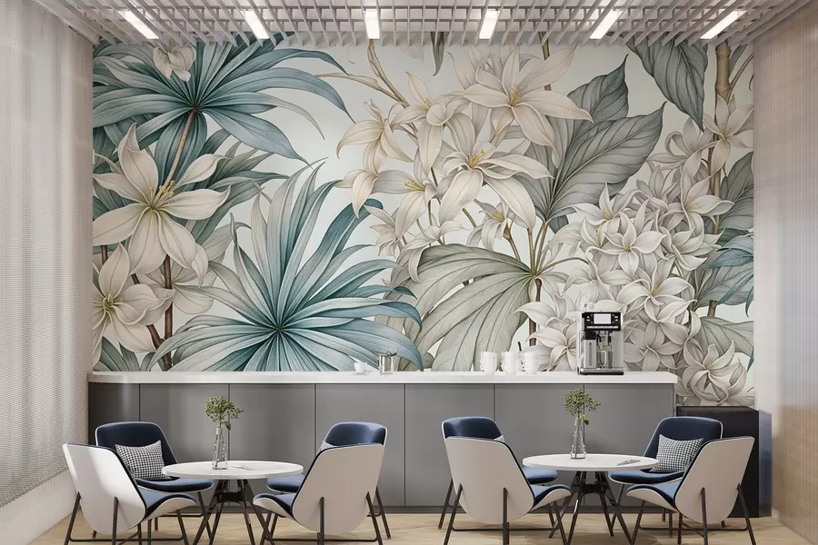 murales de pared Estampado floral tropical con grandes flores blancas y azul claro, hojas verdes y fondo neutro w08318