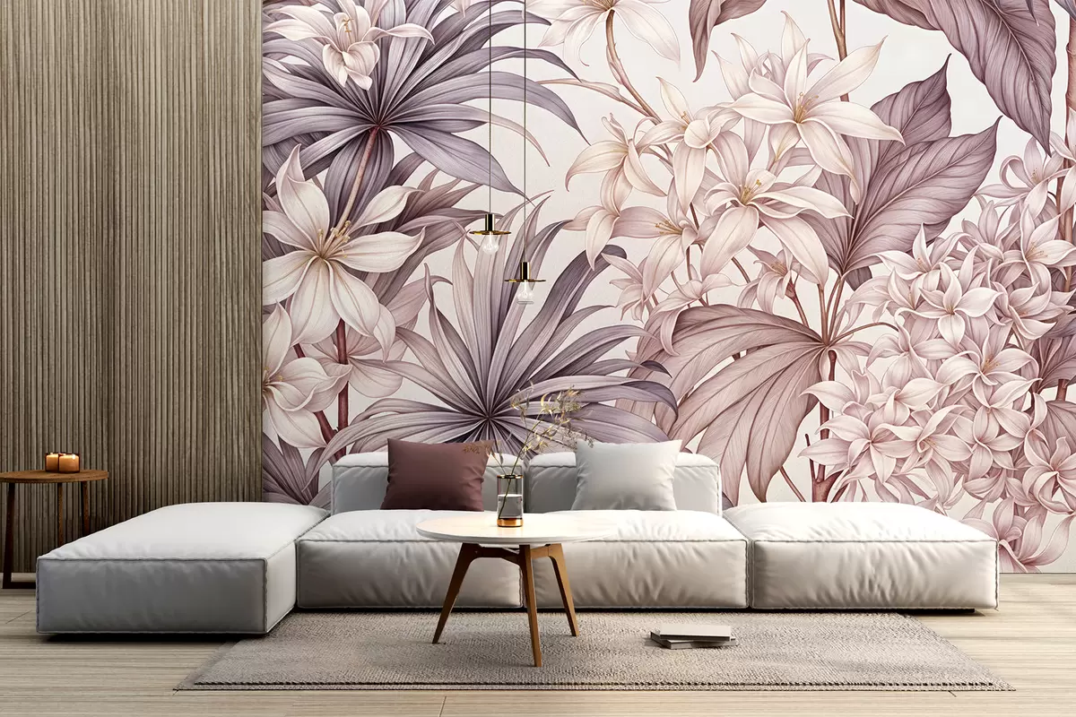 murales de pared Estampado floral tropical con grandes flores blancas y rosa claro, hojas de bordo y fondo neutro w08318v1