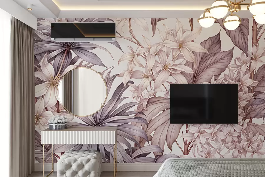 murales de pared Estampado floral tropical con grandes flores blancas y rosa claro, hojas de bordo y fondo neutro w08318v1