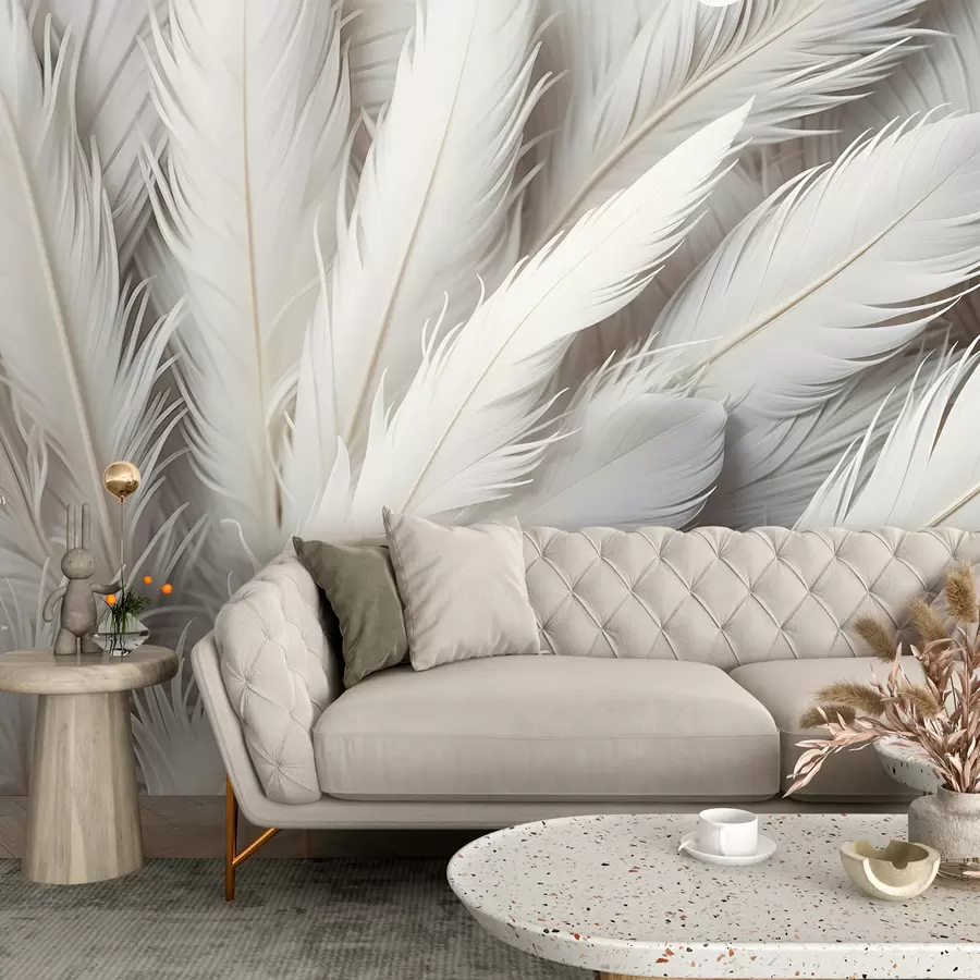 murales de pared Suaves y esponjosas plumas blancas con una delicada textura ondulada sobre un fondo claro w08319