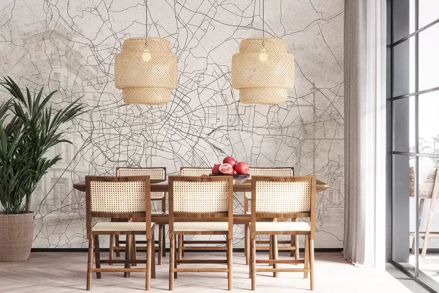 murales de pared Mapa de la ciudad de Berlín, dibujo lineal, arquitectura, Alemania, colores beige w01696