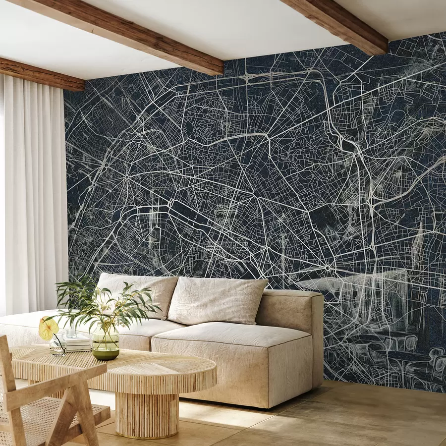 murales de pared Mapa de la ciudad de París, dibujo lineal, arquitectura, Francia, colores oscuros w01697v1