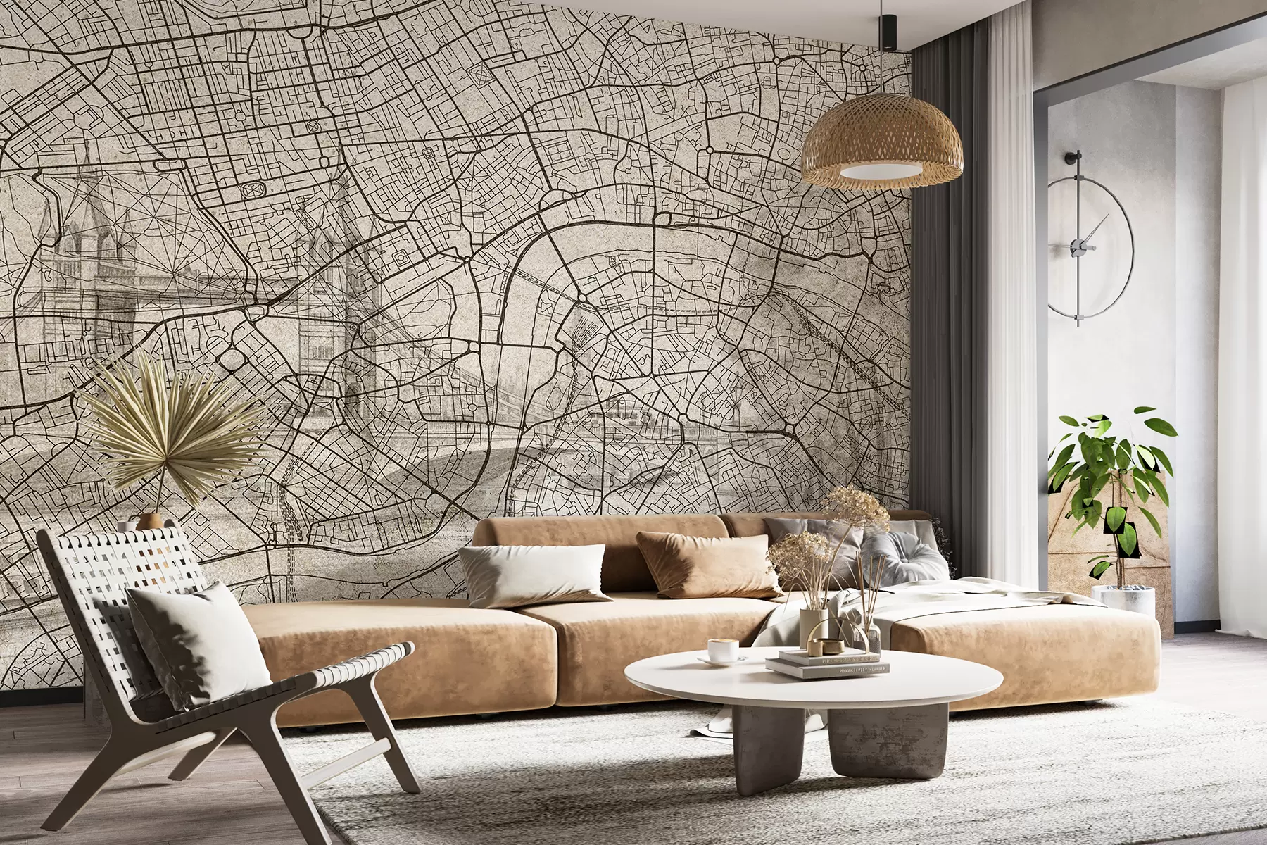 murales de pared Mapa de la ciudad de Londres, dibujo lineal, arquitectura, colores beige w01702
