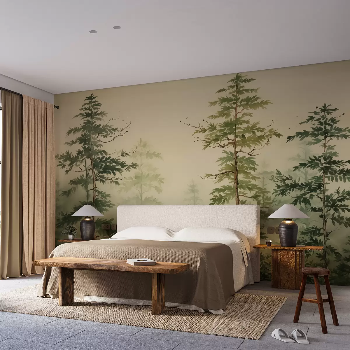 murales de pared Acuarela bosque de pinos, color verde w01727