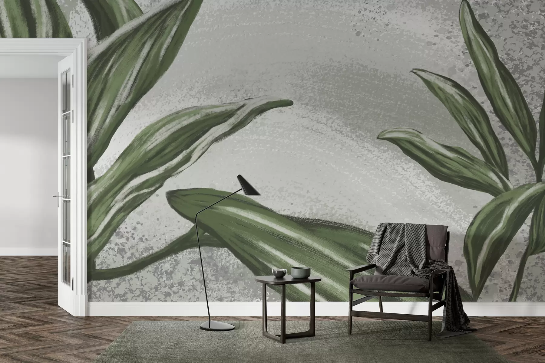 murales de pared Follaje tropical verde sobre fondo gris w01682