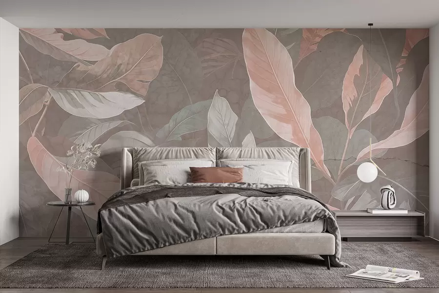 murales de pared Estampado abstracto con delicadas hojas blancas, beige y melocotón sobre un fondo de textura suave y apagada w08322v1