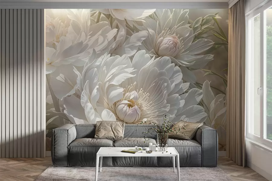 murales de pared Primer plano de grandes y delicadas flores blancas de peonía con pétalos suaves y esponjosos y centros de color amarillo pálido  w08325
