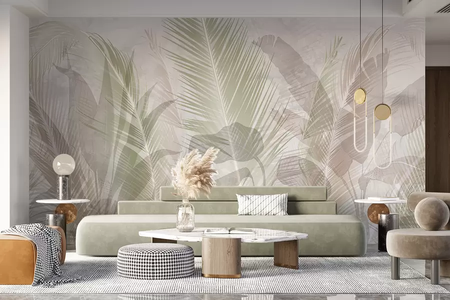 murales de pared Hojas de palmera tropical en suaves colores pastel, con un fondo de textura borrosa y nebulosa w08326