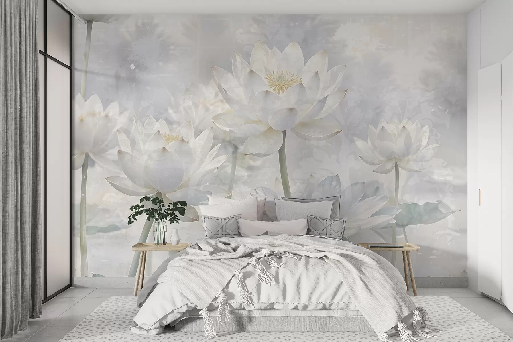 murales de pared Flores de loto blancas en un etéreo fondo de paisaje abstracto en colores pastel w08328