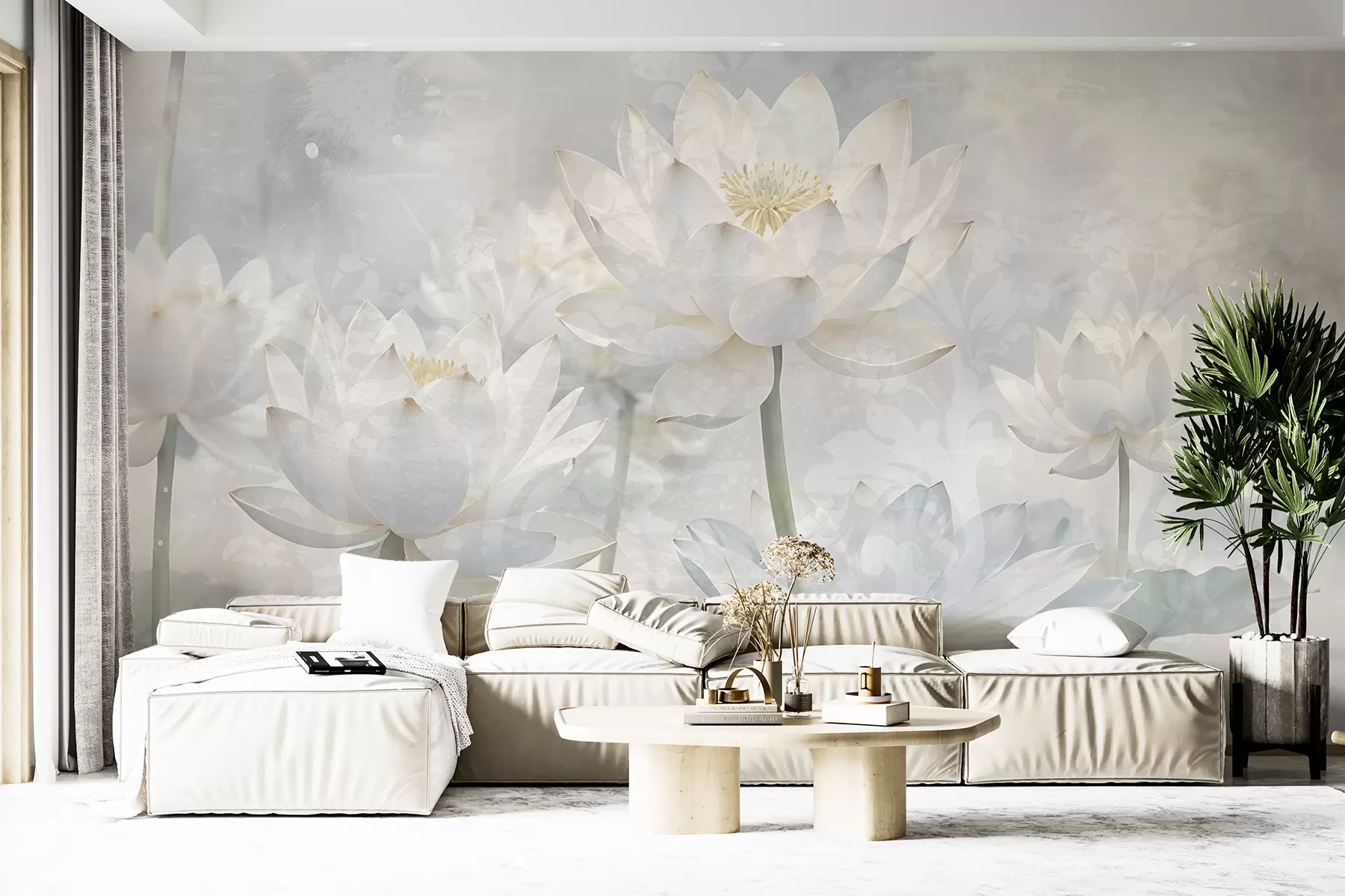 murales de pared Flores de loto blancas en un etéreo fondo de paisaje abstracto en colores pastel w08328