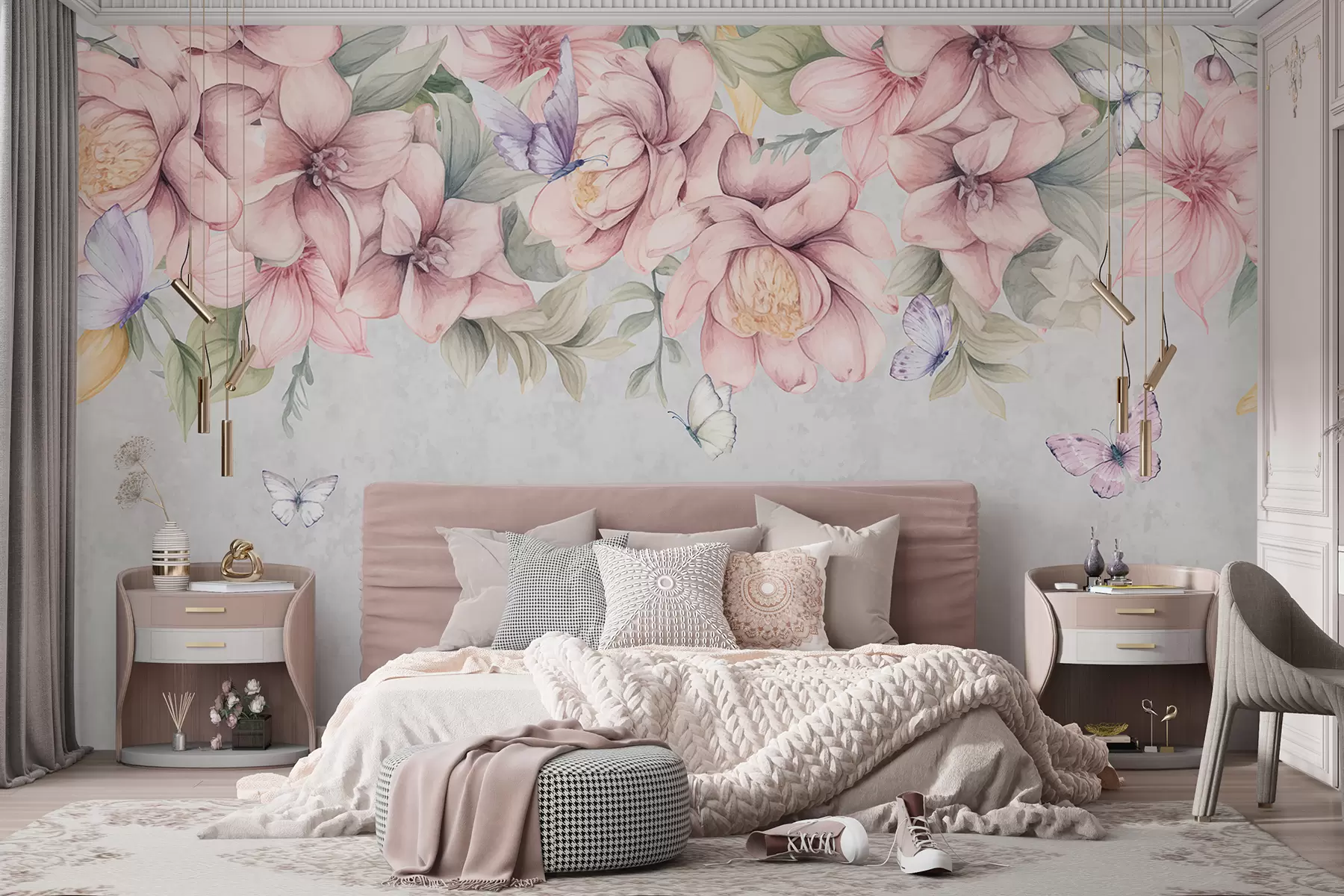 murales de pared Suaves flores rosas y blancas con delicadas flores y hojas sobre fondo gris texturizado w08331