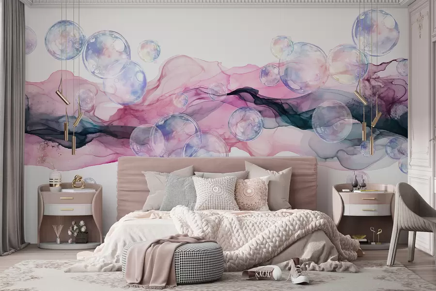 murales de pared Coloridas formas fluidas abstractas con burbujas, remolinos de tonos rosas, azules y morados sobre fondo blanco w08337