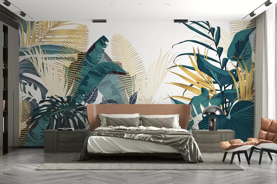 murales de pared Un exuberante follaje verde tropical, que incluye hojas de palmera, helechos y otras plantas exóticas de colores verde oscuro y naranja w08338