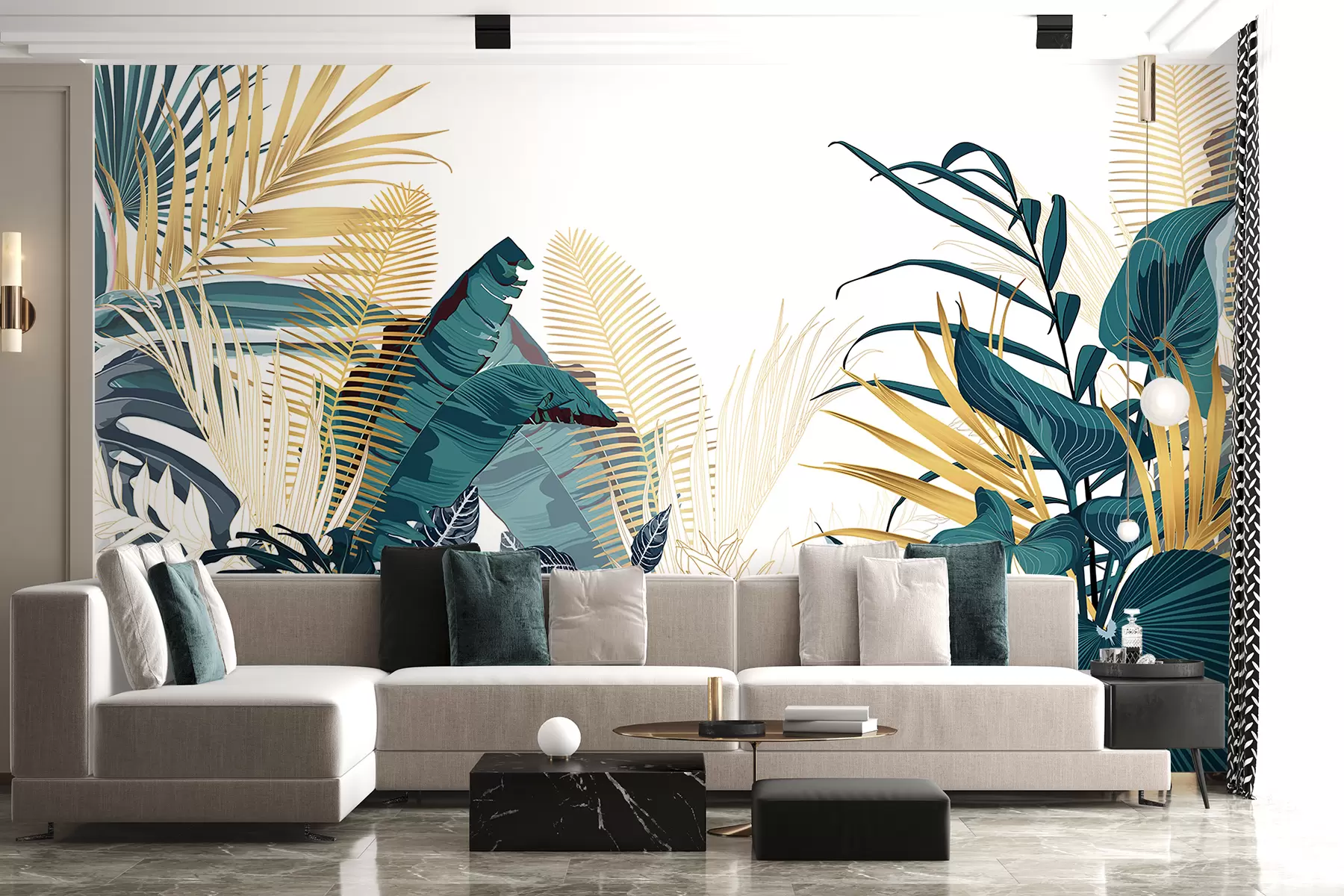 murales de pared Un exuberante follaje verde tropical, que incluye hojas de palmera, helechos y otras plantas exóticas de colores verde oscuro y naranja w08338