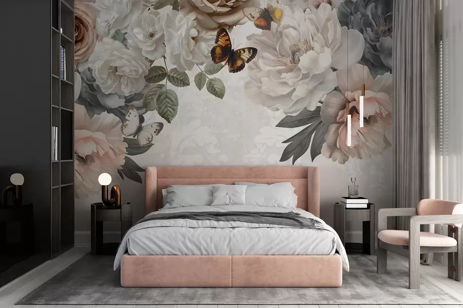 murales de pared Grandes flores de peonía blancas y rosas con una mariposa posada en una de las flores sobre un fondo suave y difuminado w08340