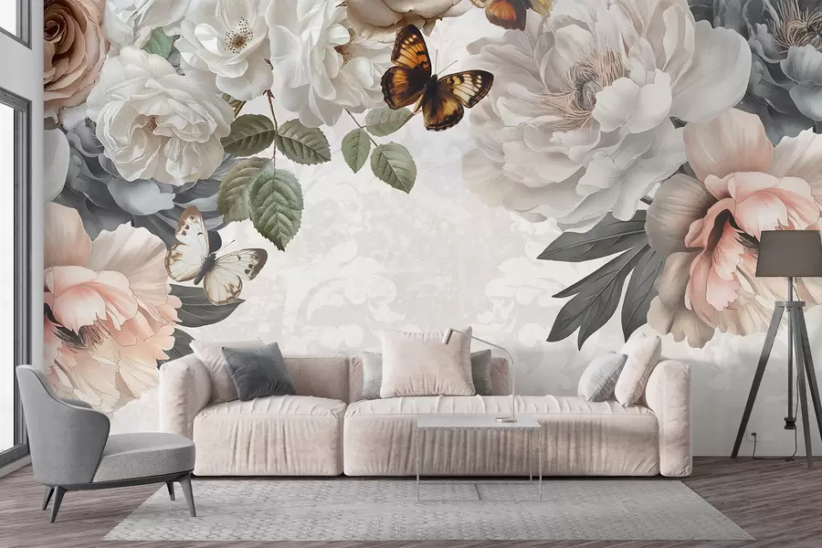 murales de pared Grandes flores de peonía blancas y rosas con una mariposa posada en una de las flores sobre un fondo suave y difuminado w08340
