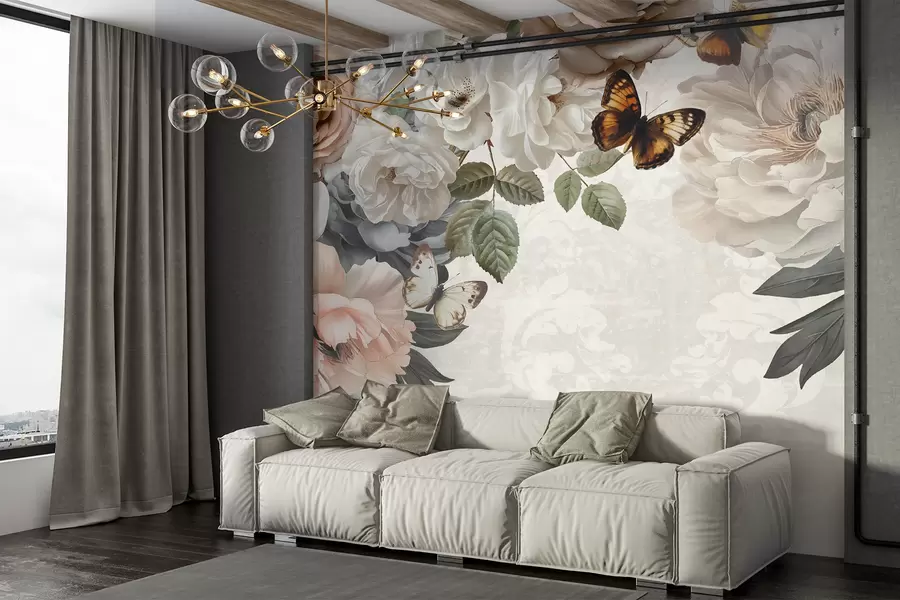 murales de pared Grandes flores de peonía blancas y rosas con una mariposa posada en una de las flores sobre un fondo suave y difuminado w08340