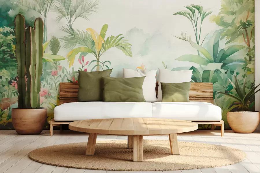 murales de pared Selva, acuarela, palmeras, floral, colores suaves w01785