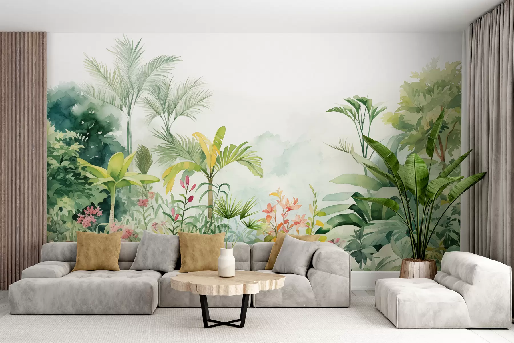 murales de pared Selva, acuarela, palmeras, floral, colores suaves w01785