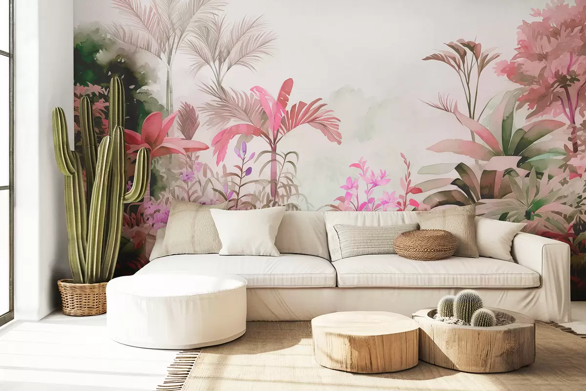 murales de pared Selva, acuarela, palmeras, floral, colores rosados w01785v1