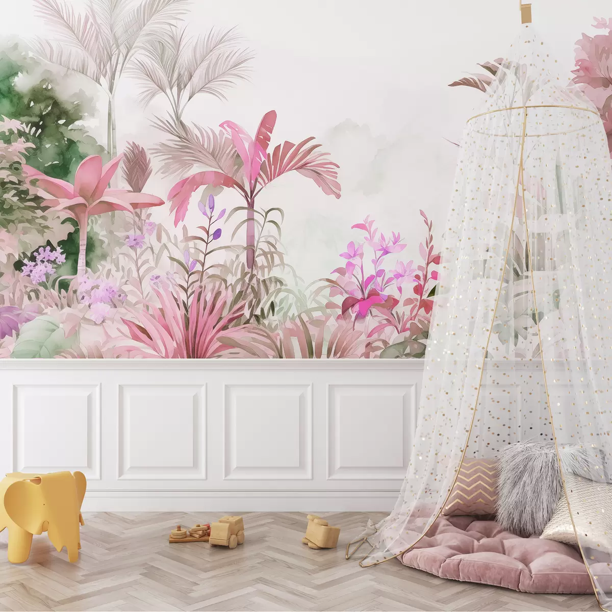 murales de pared Selva, acuarela, palmeras, floral, colores rosados w01785v1