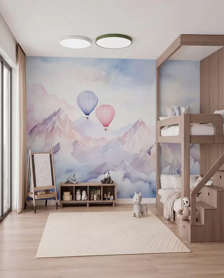 murales de pared Montañas de acuarela con globos de aire, etéreo  w01786