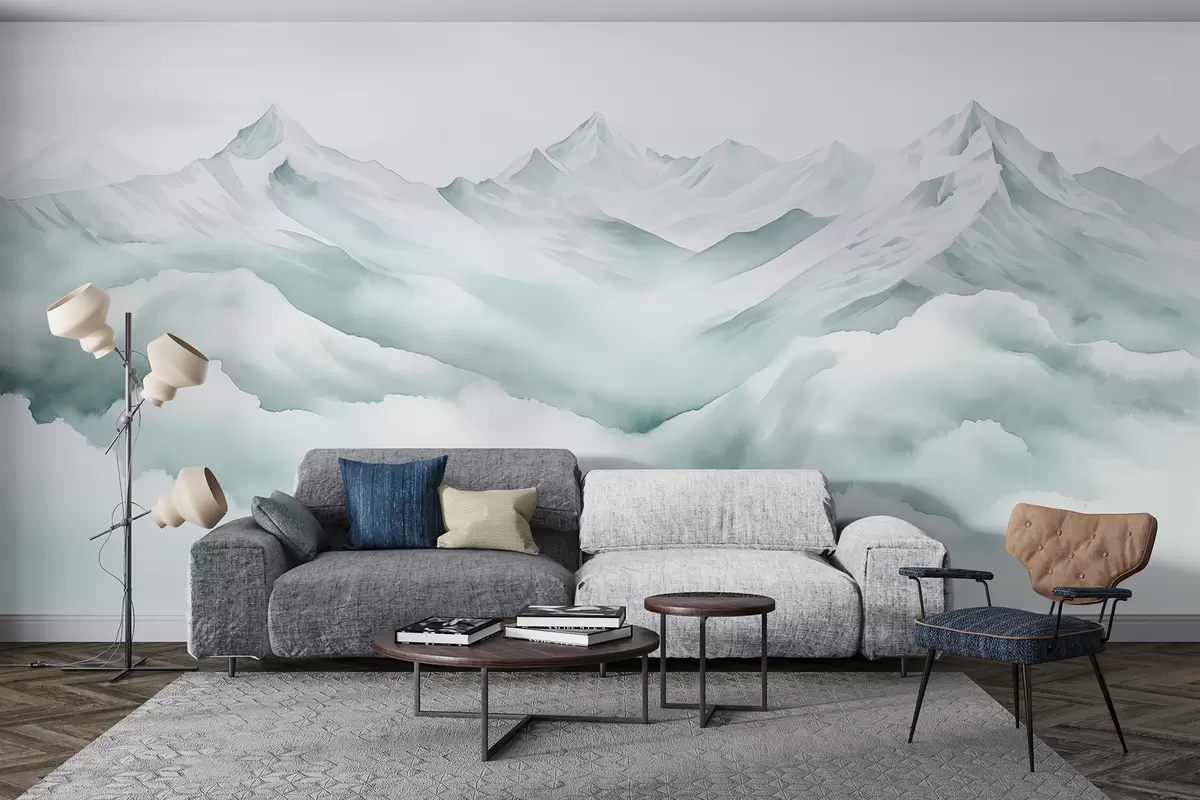 murales de pared Paisaje de montaña, acuarela, colores azules suaves w01787v2