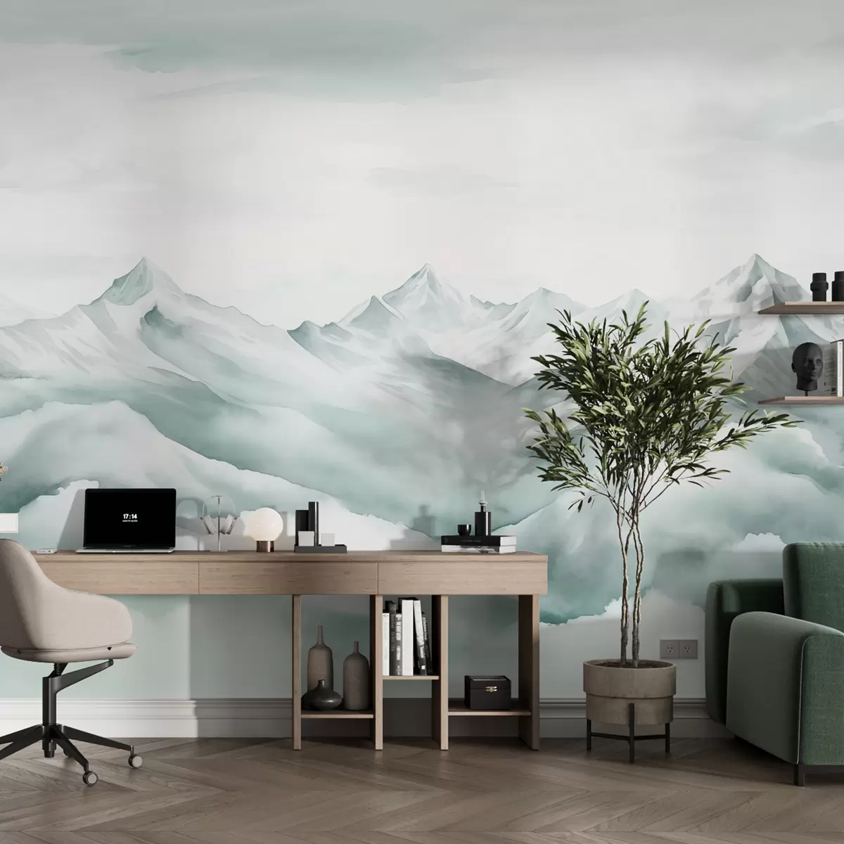 murales de pared Paisaje de montaña, acuarela, colores azules suaves w01787v2