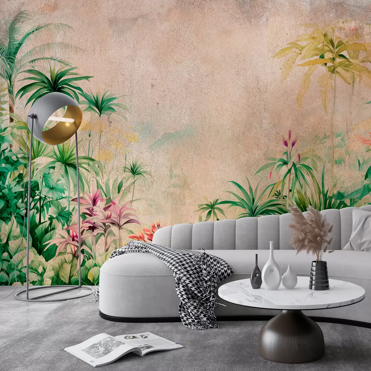 murales de pared Selva, acuarela, palmeras, floral, fondo beige  w01788