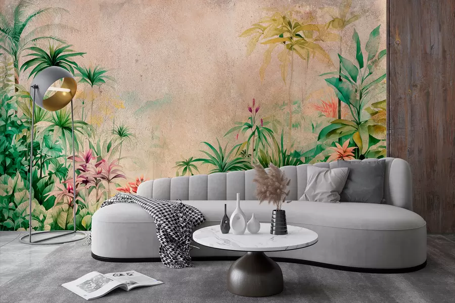 murales de pared Selva, acuarela, palmeras, floral, fondo beige  w01788