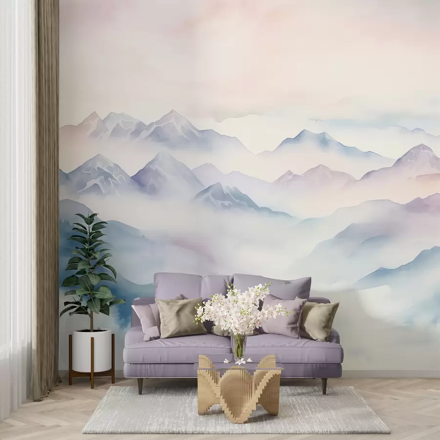 murales de pared Paisaje de montañas etéreas, nubes, acuarela w01791