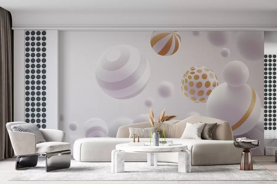 murales de pared Esferas volantes volumétricas de estilo 3D en tonos grises claros con toques naranjas w01148