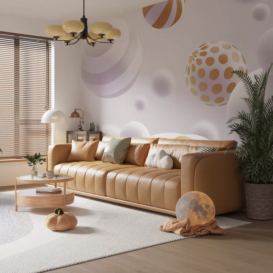 murales de pared Esferas volantes volumétricas de estilo 3D en tonos grises claros con toques naranjas w01148