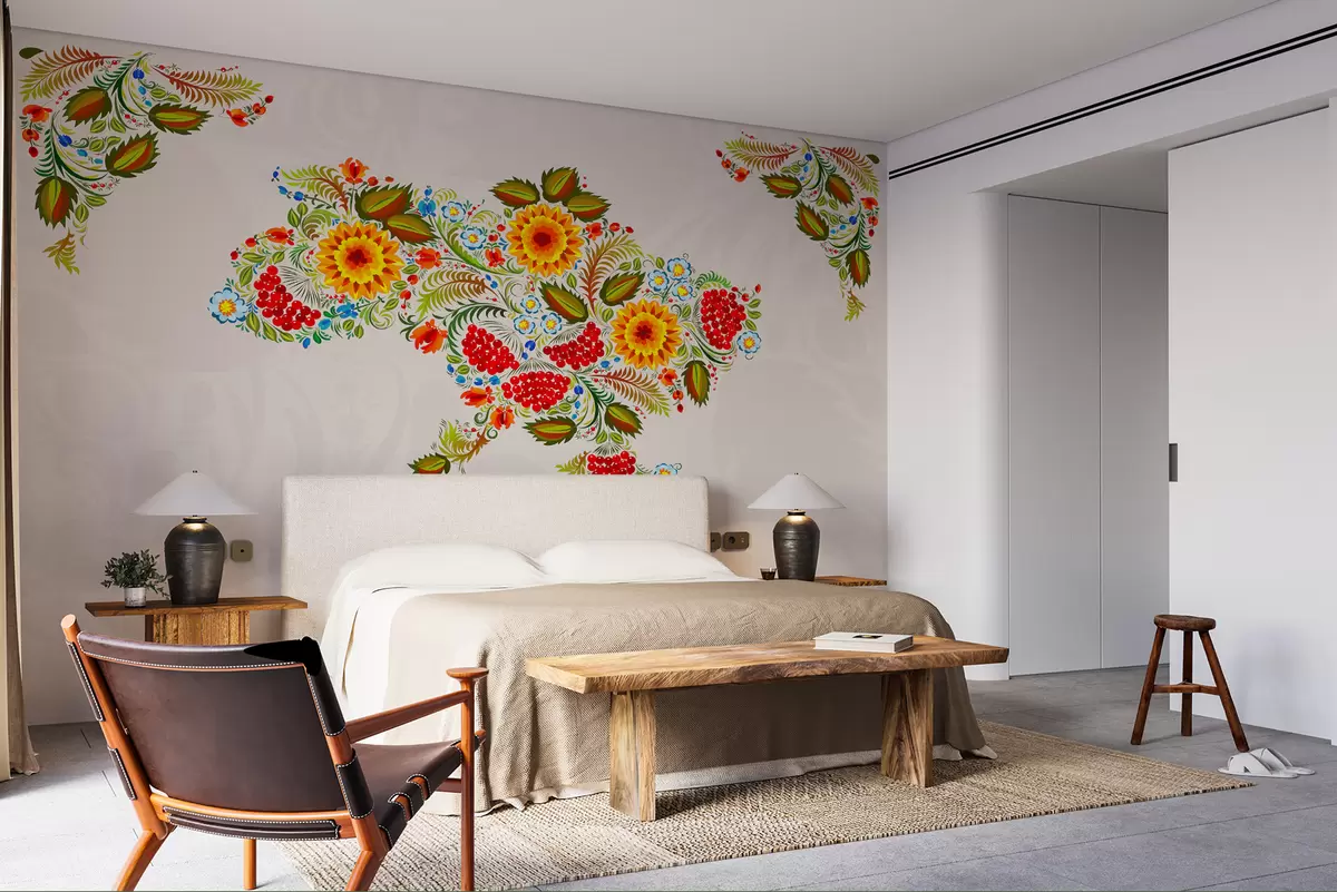 murales de pared Mapa de Ucrania pintado al estilo de Petrikov sobre fondo beige claro w01149