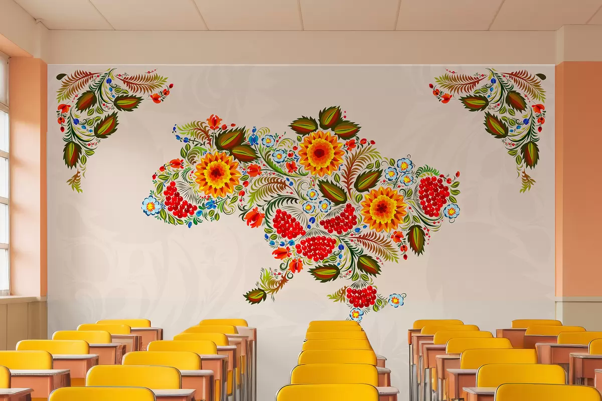 murales de pared Mapa de Ucrania pintado al estilo de Petrikov sobre fondo beige claro w01149