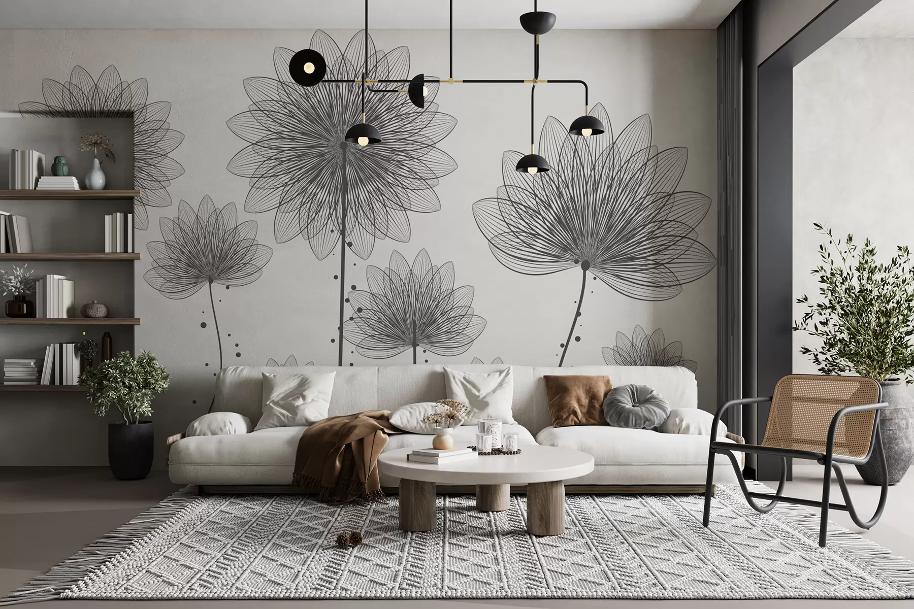 murales de pared Flores gris oscuro sobre fondo gris claro w01805v5
