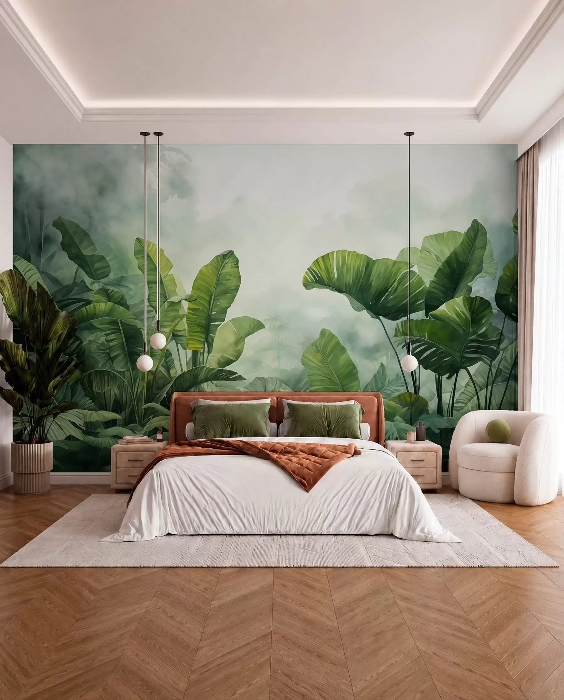 murales de pared Hojas tropicales en la selva sobre el fondo de niebla acuarela húmeda w01868