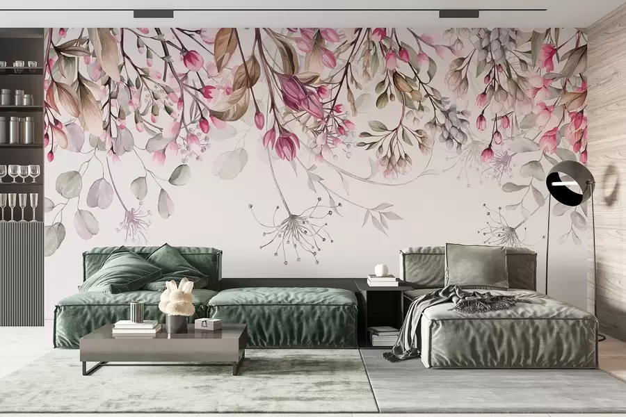 murales de pared Delicadas ramas florales rosas y blancas con hojas y pétalos, sobre fondo gris pastel w08347
