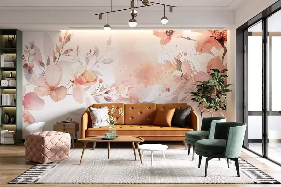 murales de pared Un ramo de delicadas flores blancas y melocotón con pétalos suaves y difuminados sobre un fondo de acuarela ligero y vaporoso w08348