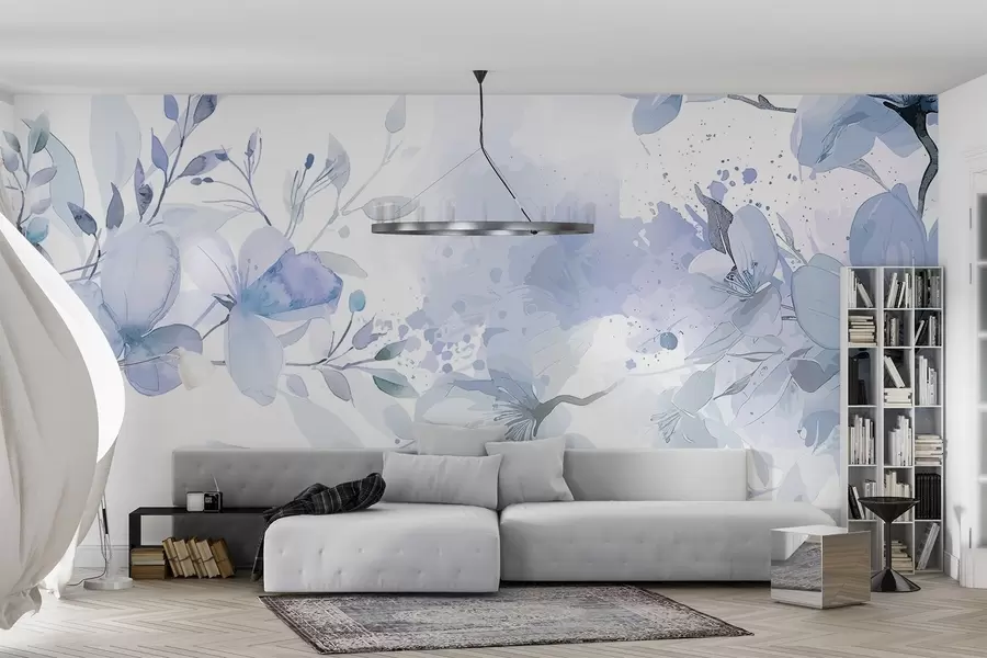 murales de pared Un ramo de delicadas flores azules y blancas con pétalos suaves y difuminados sobre un fondo de acuarela ligero y aireado w08348v1