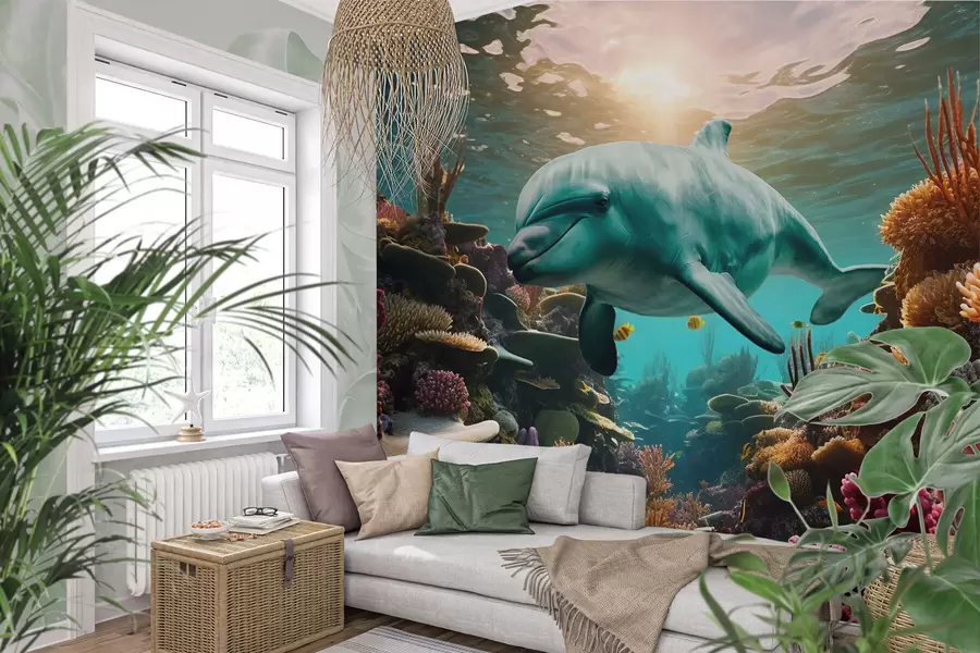 murales de pared Gran delfín en el mundo submarino de los arrecifes de coral w01873