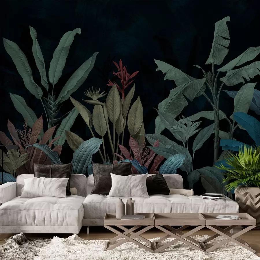 murales de pared Hojas y flores tropicales sobre fondo oscuro w01834