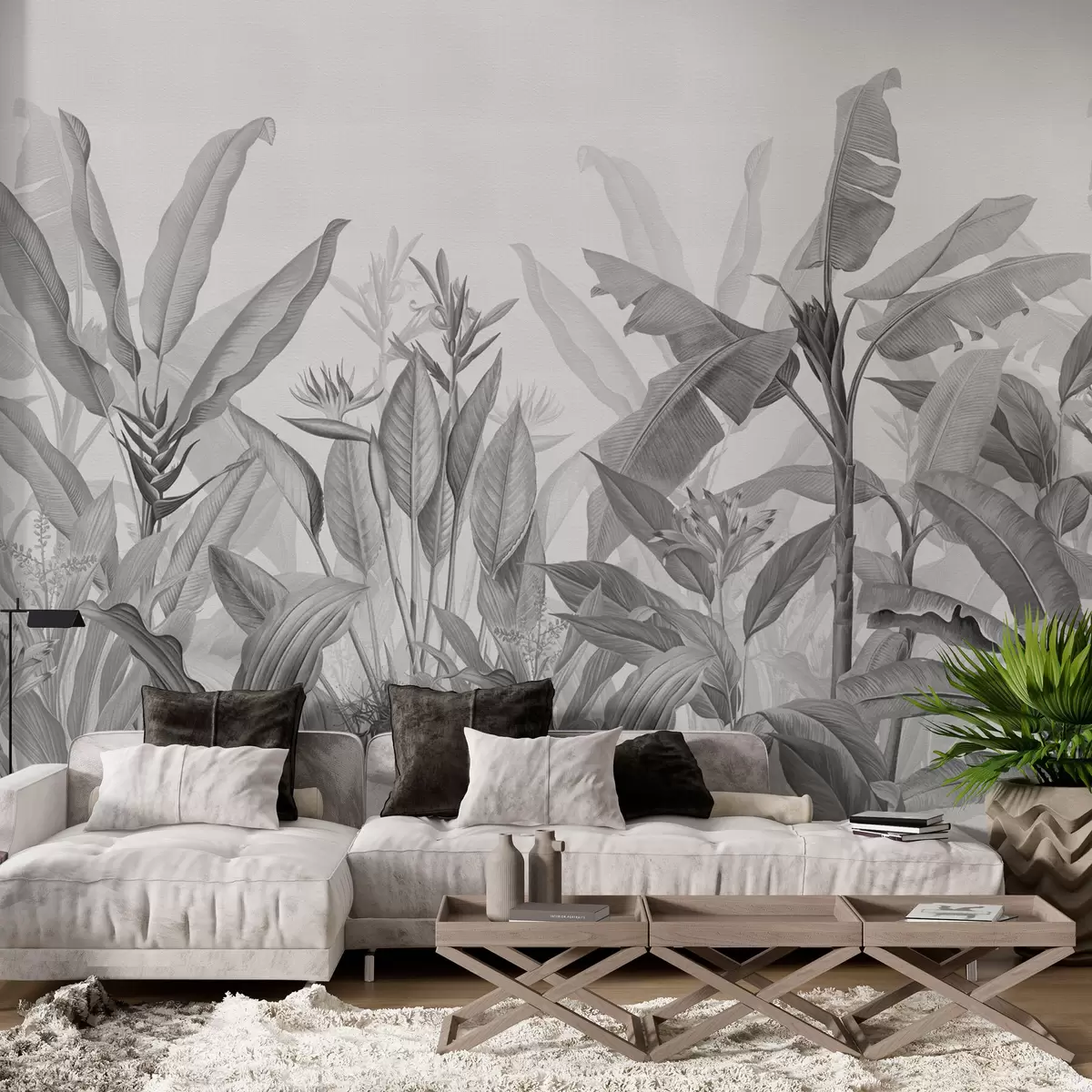 murales de pared Hojas y flores tropicales en blanco y negro sobre fondo claro w01834v3