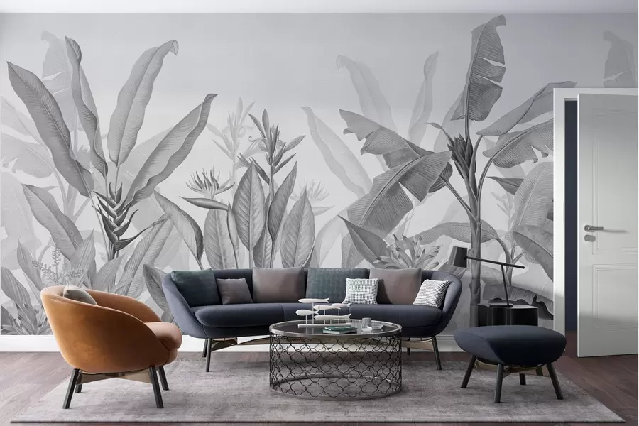 murales de pared Hojas y flores tropicales en blanco y negro sobre fondo claro w01834v3
