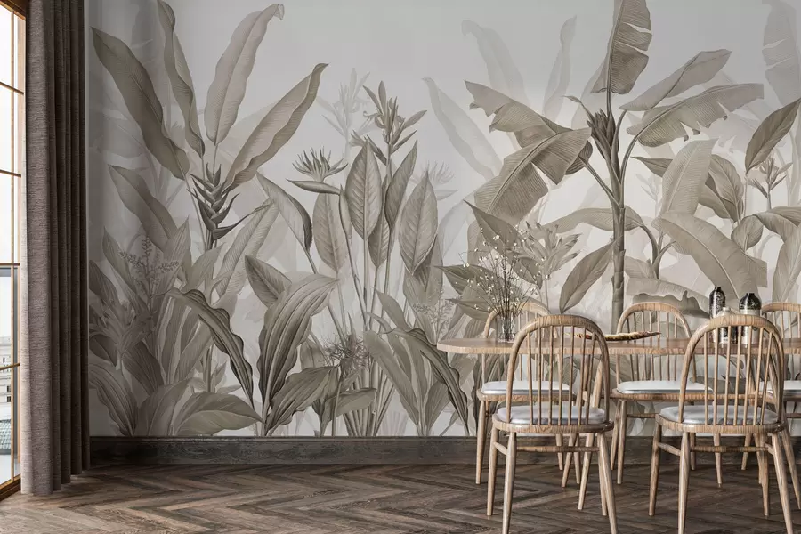 murales de pared Hojas y flores tropicales sobre fondo claro en estilo sepia w01834v4