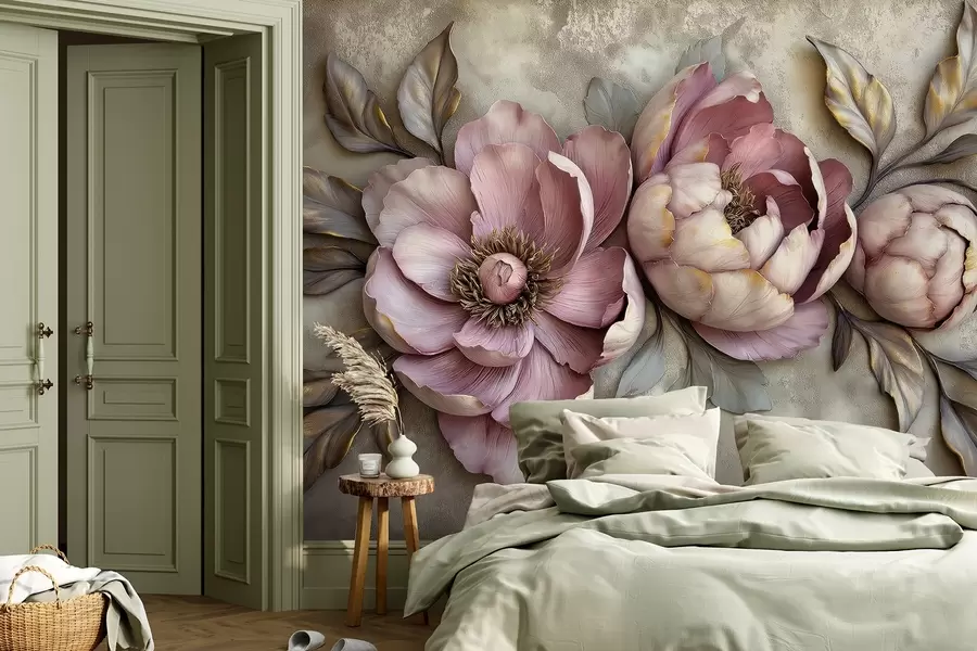 murales de pared Peonías florales moradas con hojas y pétalos en colores pastel apagados, estilo vintage w01825