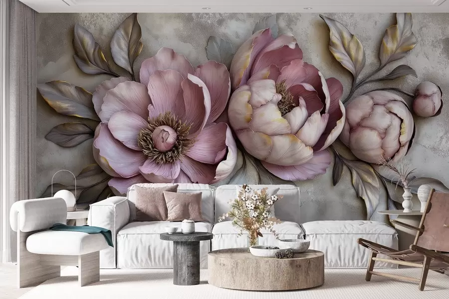 murales de pared Peonías florales moradas con hojas y pétalos en colores pastel apagados, estilo vintage w01825