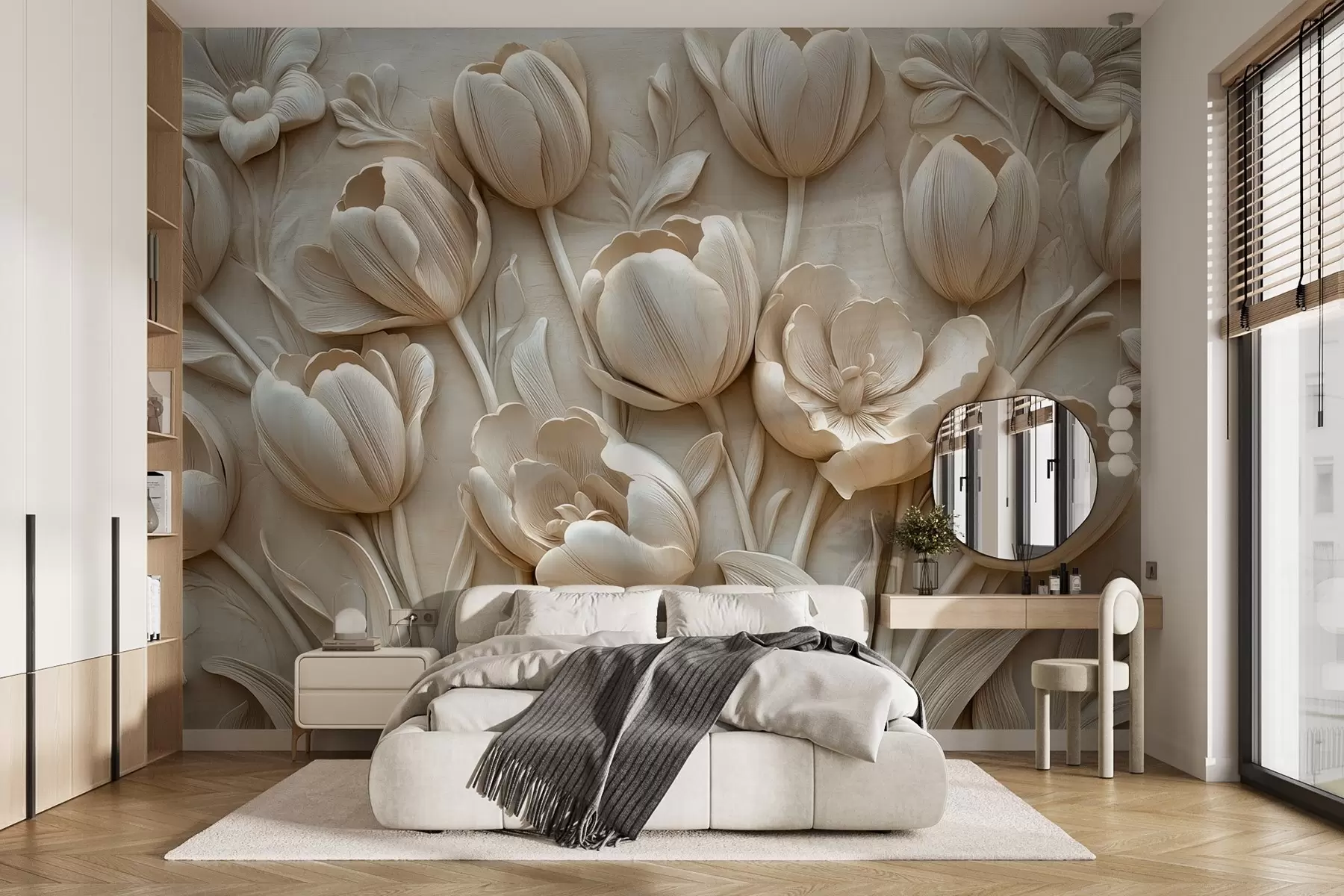 murales de pared arte floral en 3D con elegantes tulipanes de color beige w01851