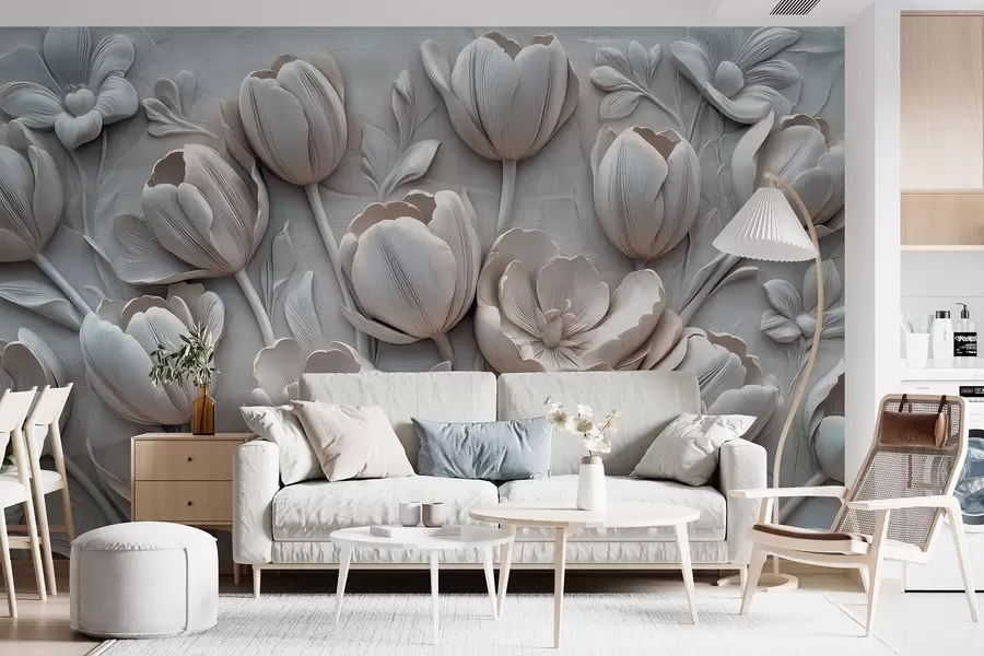 murales de pared arte floral en 3D con elegantes tulipanes en color gris w01851v1