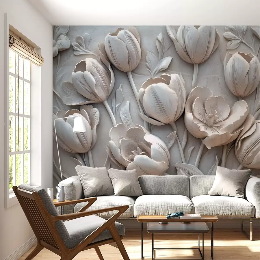 murales de pared arte floral en 3D con elegantes tulipanes en color gris w01851v1
